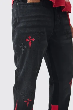 boohooMAN Slim Rigid Flare Cross Pu Applique Washed Jeans | UK| Trousers|Jeans