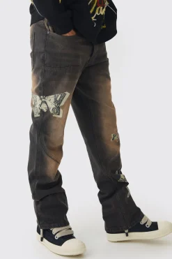 boohooMAN Slim Rigid Flare Dirty Wash Printed Jeans | UK| Trousers|Jeans