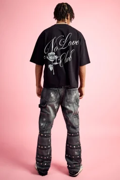 boohooMAN Slim Rigid Flare Embellished Strap Detail Jeans In | UK| Trousers|Jeans