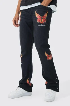boohooMAN Slim Rigid Flare Popper Hem Graphic Butterfly Jeans | UK| Trousers|Jeans