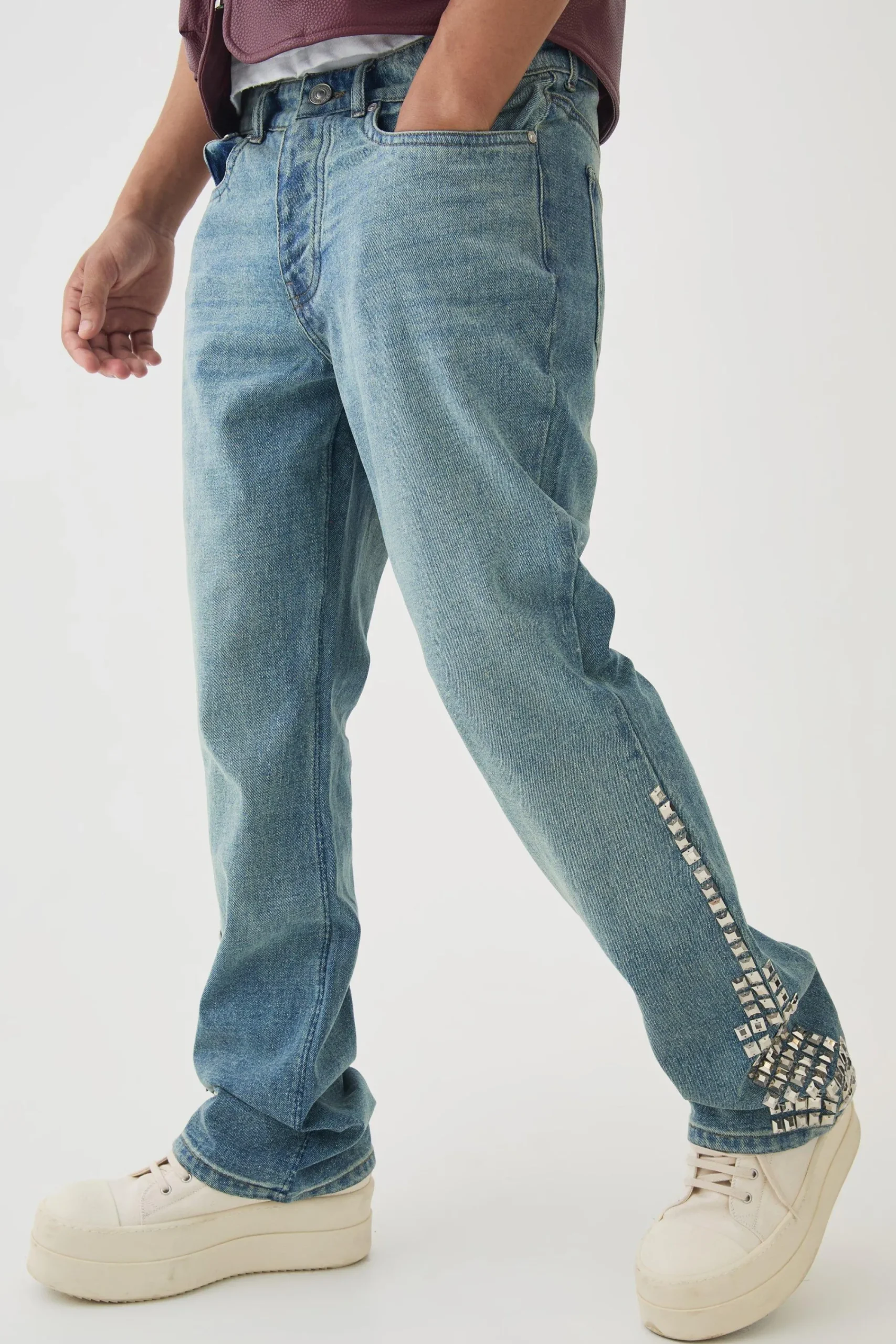 boohooMAN Slim Rigid Flare Studded Jeans | UK| Trousers|Jeans