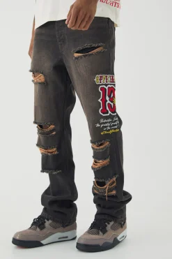boohooMAN Slim Rigid Flare Varsity Applique Wash Jeans | UK| Trousers|Jeans