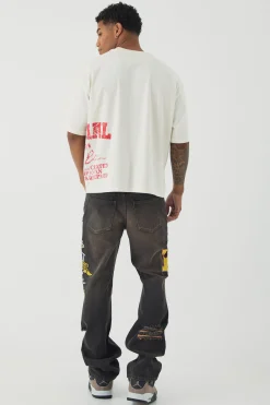 boohooMAN Slim Rigid Flare Varsity Applique Wash Jeans | UK| Trousers|Jeans