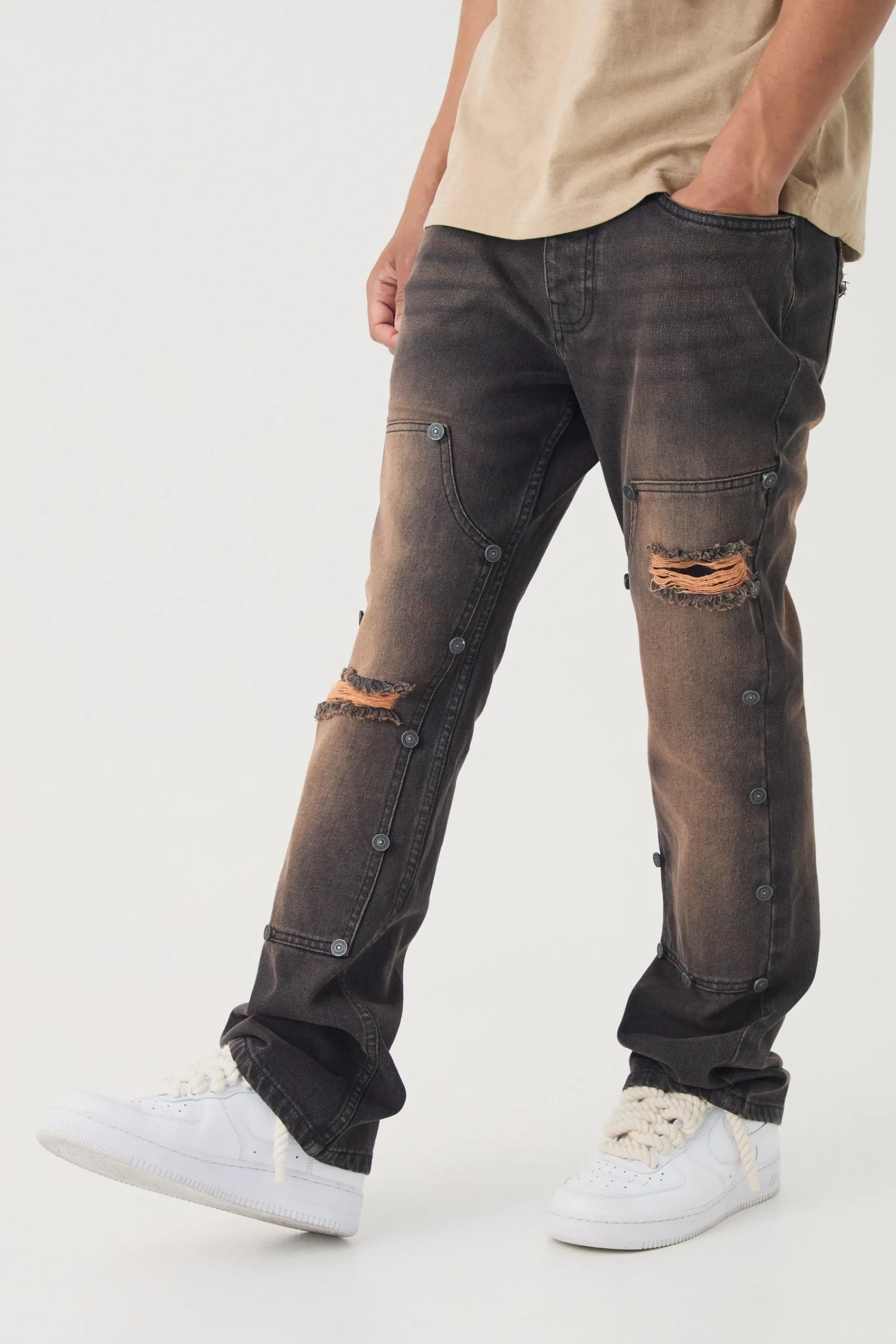 boohooMAN Slim Rigid Flare Vintage Wash Carpenter Ripped Jeans | UK| Trousers|Jeans