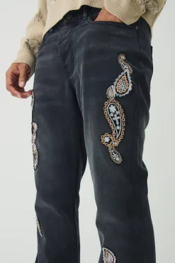 boohooMAN Slim Rigid Flare Washed Paisley Applique Jeans | UK| Trousers|Jeans