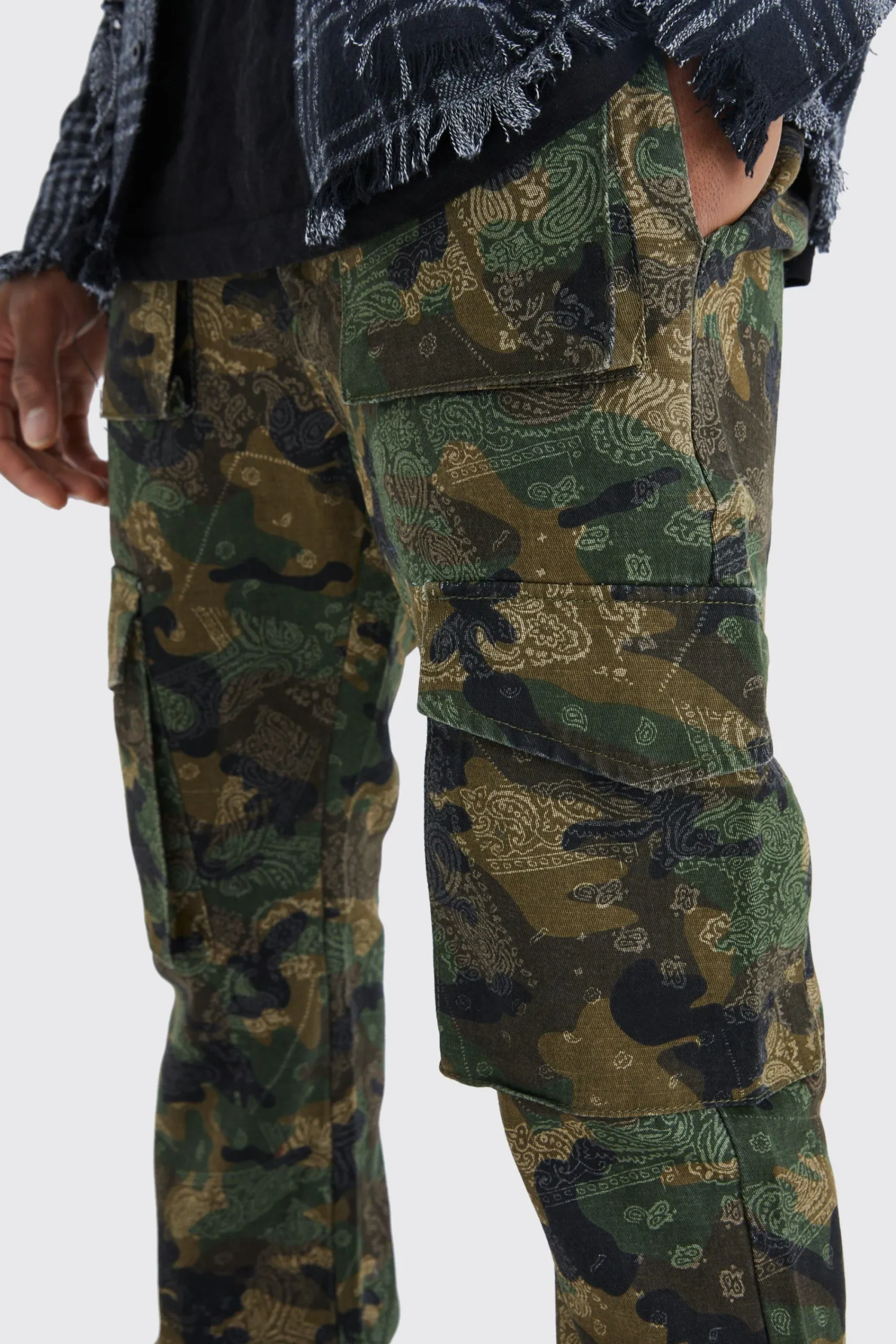 boohooMAN Slim Stacked Flare Multi Cargo Camo Bandana Trouser | UK| Trousers