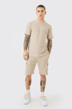 boohooMAN Slim Waffle T-shirt & Cargo Short Set | UK| Tracksuits