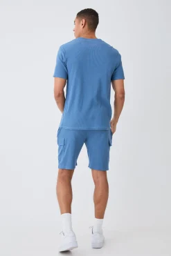 boohooMAN Slim Waffle T-shirt & Cargo Short Set | UK| Shorts|Sets & Co-Ords