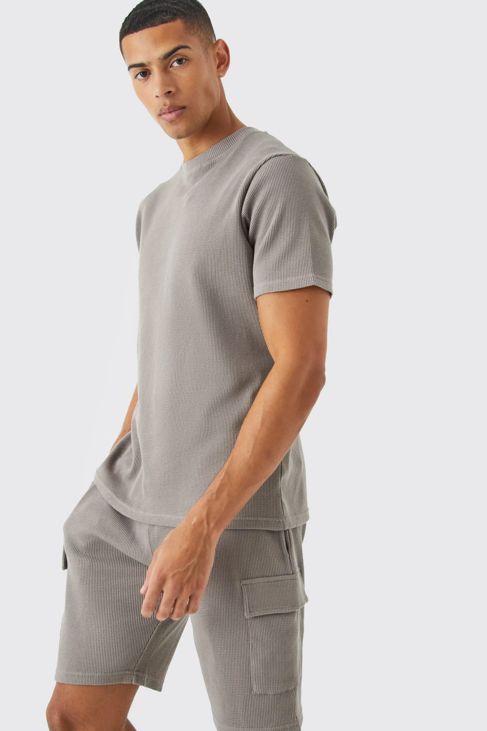 boohooMAN Slim Waffle T-shirt & Cargo Short Set | UK| Shorts|Sets & Co-Ords