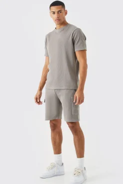 boohooMAN Slim Waffle T-shirt & Cargo Short Set | UK| Shorts|Sets & Co-Ords