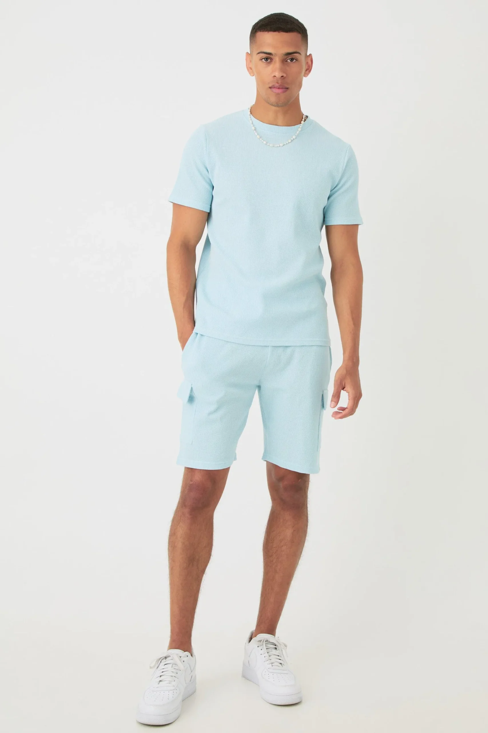 boohooMAN Slim Waffle T-shirt & Cargo Short Set | UK| Shorts|Sets & Co-Ords