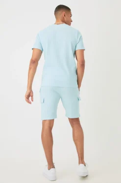 boohooMAN Slim Waffle T-shirt & Cargo Short Set | UK| Shorts|Sets & Co-Ords