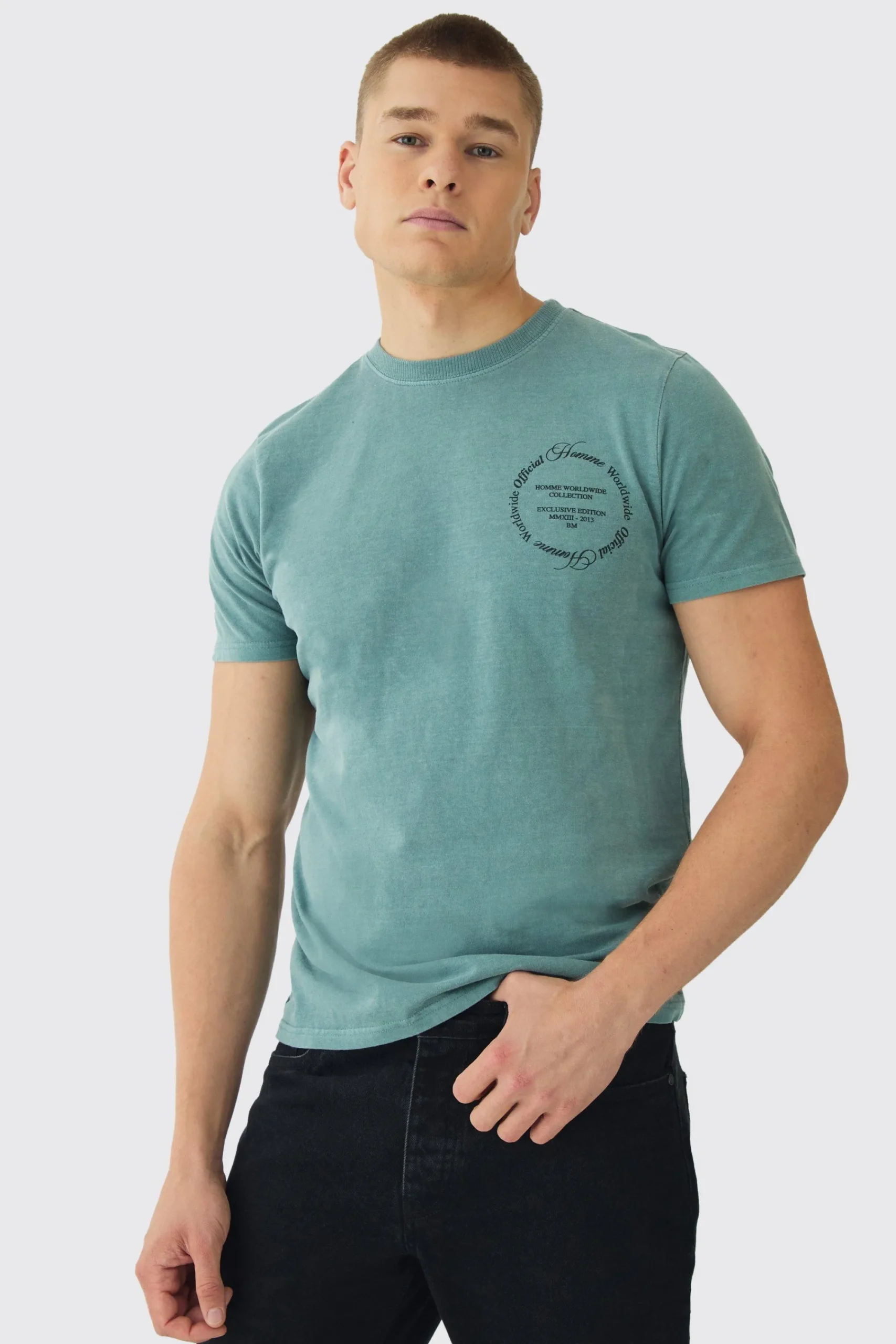 Slim Washed Worldwide Print T-Shirt | UK^boohooMAN