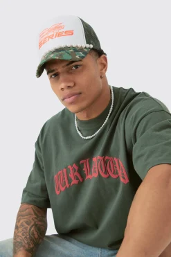 boohooMAN Slogan Foam Front Trucker Camo Cap With Pearl Detail In | UK| Hats & Caps