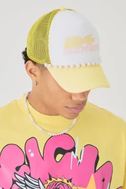 boohooMAN Slogan Foam Front Trucker Cap With Pearl Detail In Pastel | UK| Hats & Caps