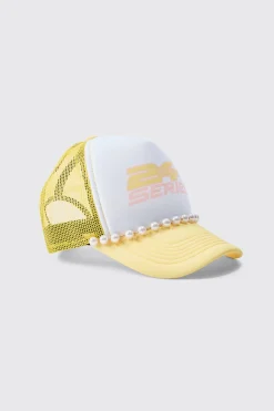 boohooMAN Slogan Foam Front Trucker Cap With Pearl Detail In Pastel | UK| Hats & Caps