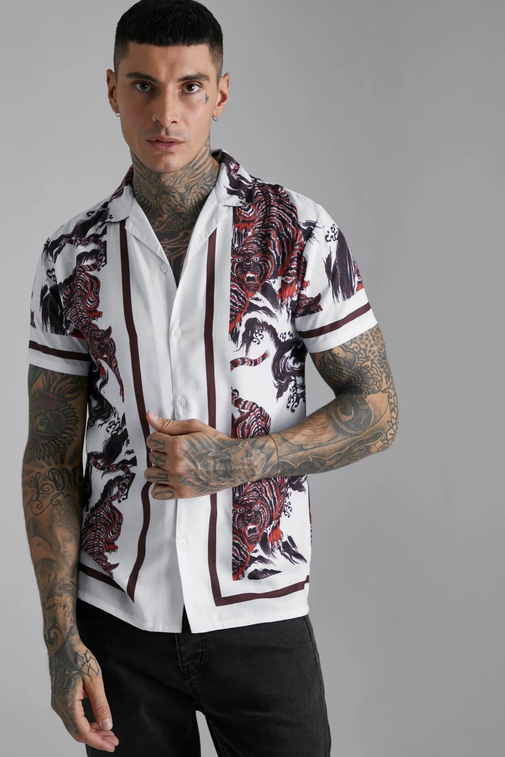 boohooMAN Slub Texture Tiger Print Shirt | UK| Shirts