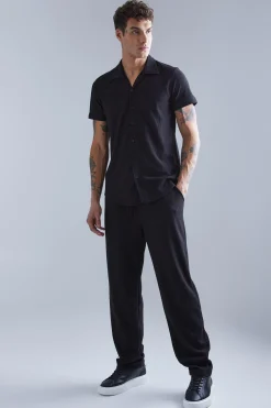 boohooMAN Smart Revere Open Texture Shirt And Trouser Set | UK| Sets & Co-Ords