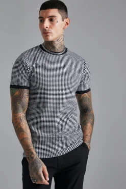 Smart Slim Dogtooth Jacquard Ringer T-shirt | UK^boohooMAN Discount