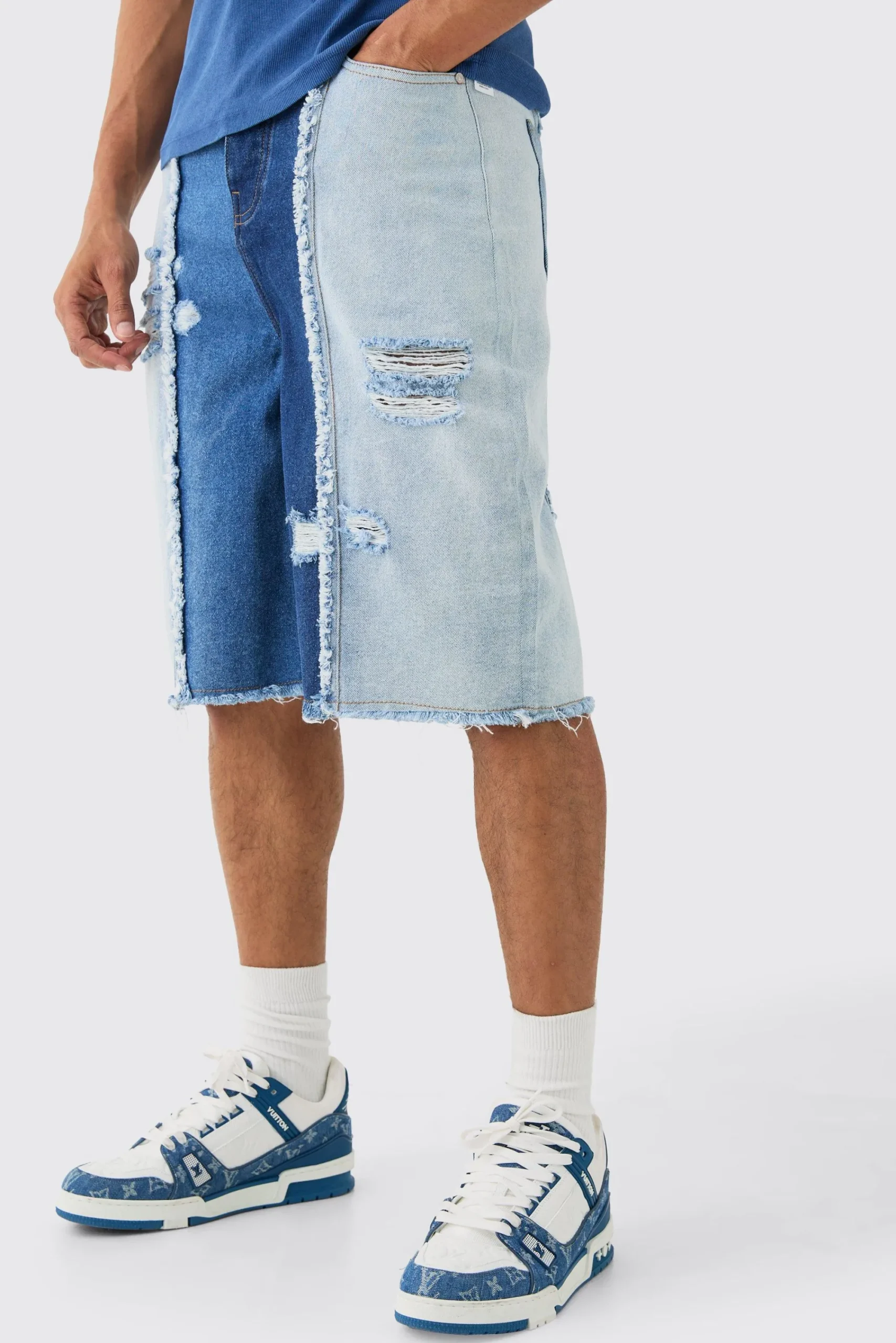 boohooMAN Spliced Distressed Denim Jorts In Blue | UK| Shorts