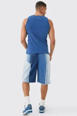 boohooMAN Spliced Distressed Denim Jorts In Blue | UK| Shorts