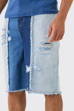 boohooMAN Spliced Distressed Denim Jorts In Blue | UK| Shorts