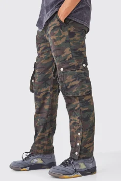 boohooMAN Straight Leg 3d Multi Cargo Camo Trouser With Popper Hem | UK| Trousers