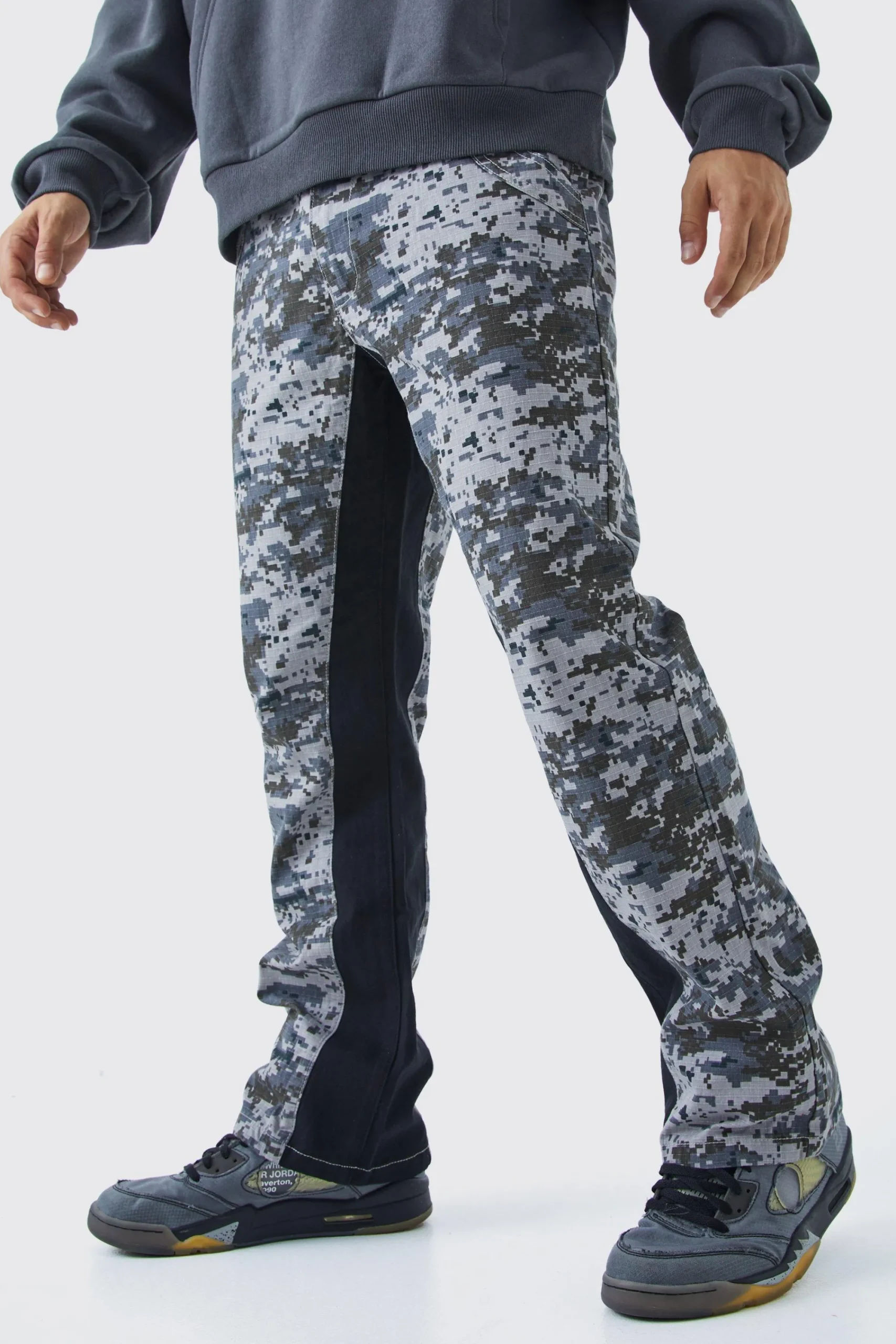 boohooMAN Straight Leg Flare Colour Block Camo Trouser | UK| Trousers