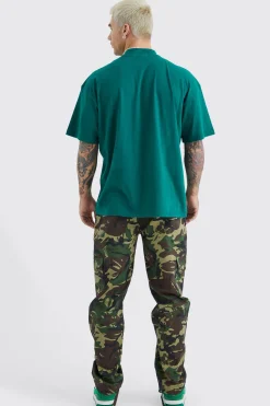 boohooMAN Straight Leg Tie Hem Camo Trouser | UK| Trousers