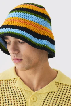 boohooMAN Stripe Crochet Bucket Hat In | UK| Hats & Caps