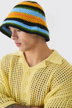 boohooMAN Stripe Crochet Bucket Hat In | UK| Hats & Caps