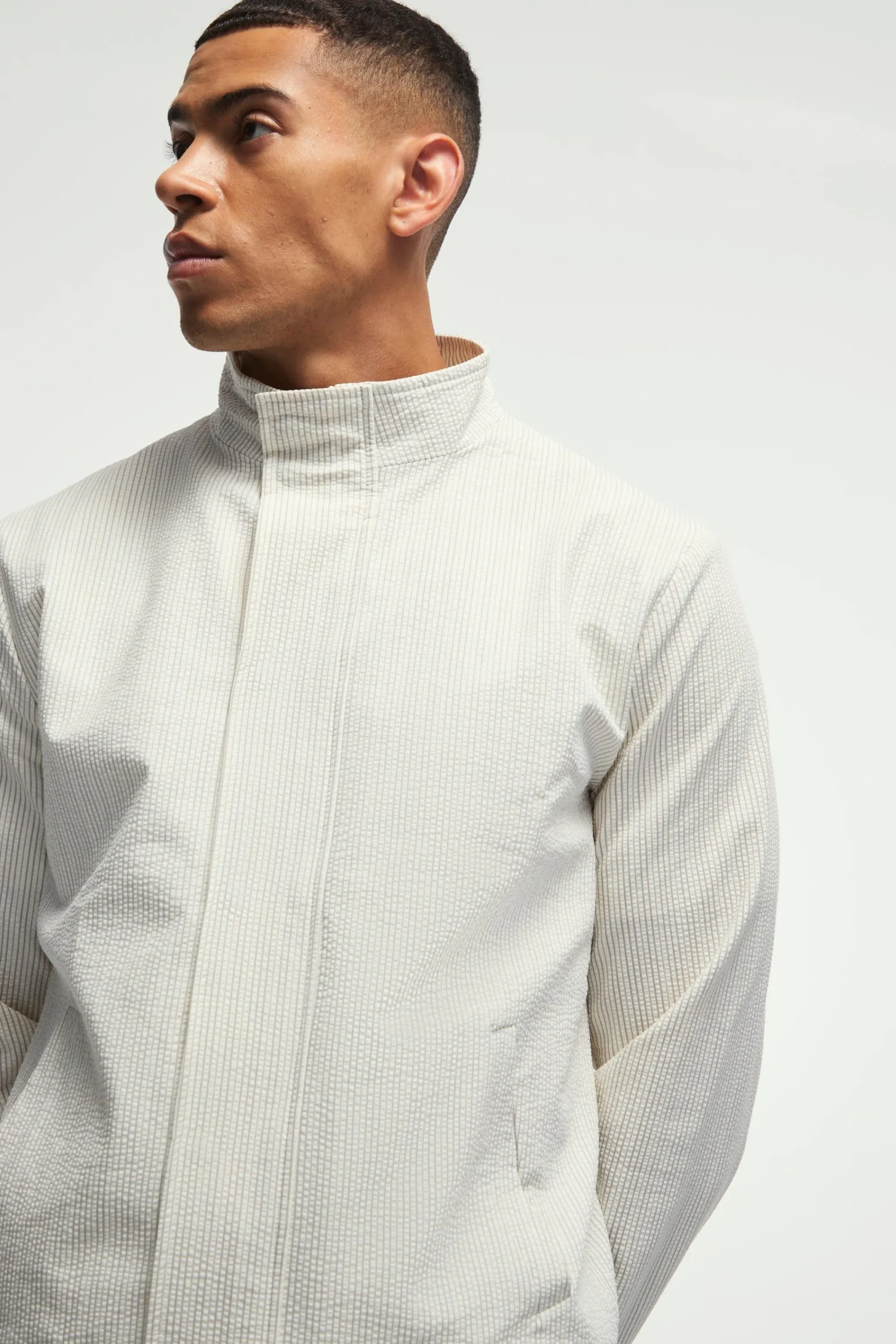 boohooMAN Stripe Seersucker Funnel Neck Smart Jacket | UK| Suits & Tailoring