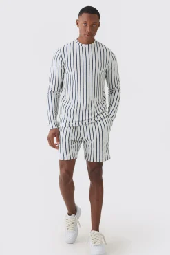 boohooMAN Striped Open Stitch Resort Shirt & Short Set | UK| Sets & Co-Ords