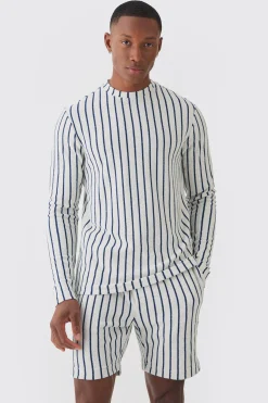 boohooMAN Striped Open Stitch Resort Shirt & Short Set | UK| Sets & Co-Ords
