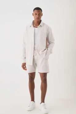 boohooMAN Striped Seersucker Overshirt & Short Set | UK| Shirts|Sets & Co-Ords