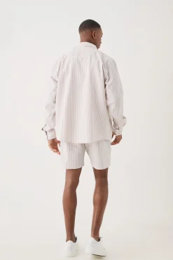 boohooMAN Striped Seersucker Overshirt & Short Set | UK| Shirts|Sets & Co-Ords