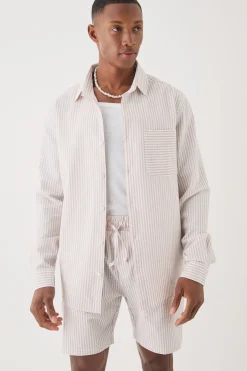 boohooMAN Striped Seersucker Overshirt & Short Set | UK| Shirts|Sets & Co-Ords