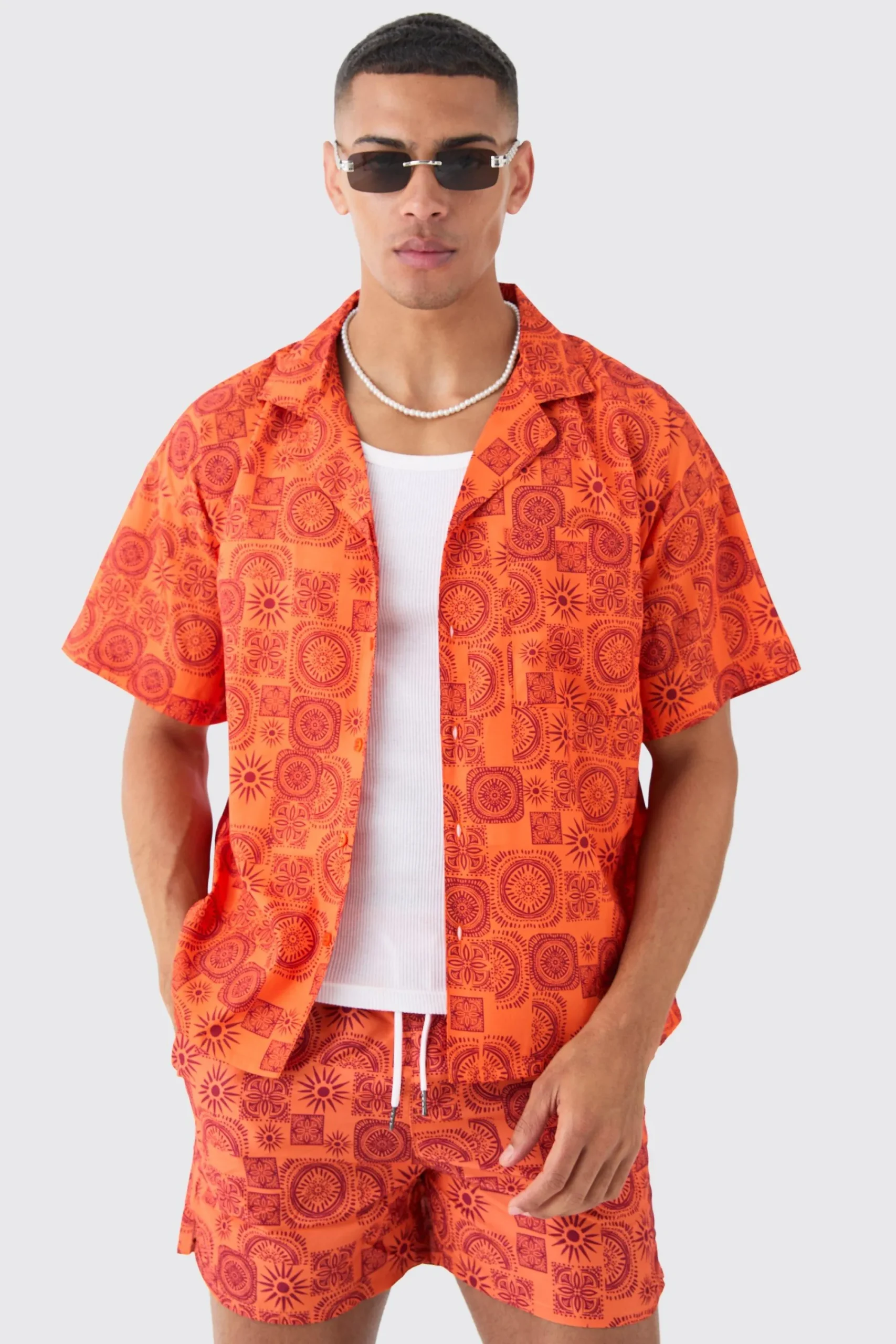 boohooMAN Sun Tile Shirt & Swim Short Set | UK| Sets & Co-Ords