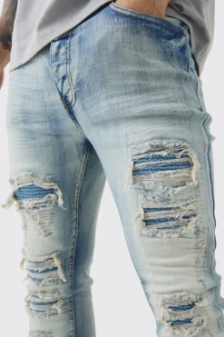 boohooMAN Super Skinny Stretch Pale Blue Biker Rip & Repair Jeans | UK| Trousers|Jeans