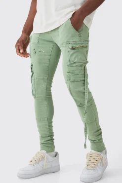 boohooMAN Super Skinny Stretch Strap Detail Paint Splatter Cargo Jeans | UK| Trousers|Jeans