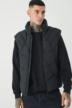 boohooMAN Tall Abstract Quilted Funnel Neck Gilet In | UK| Coats & Jackets