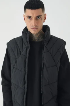 boohooMAN Tall Abstract Quilted Funnel Neck Gilet In | UK| Coats & Jackets