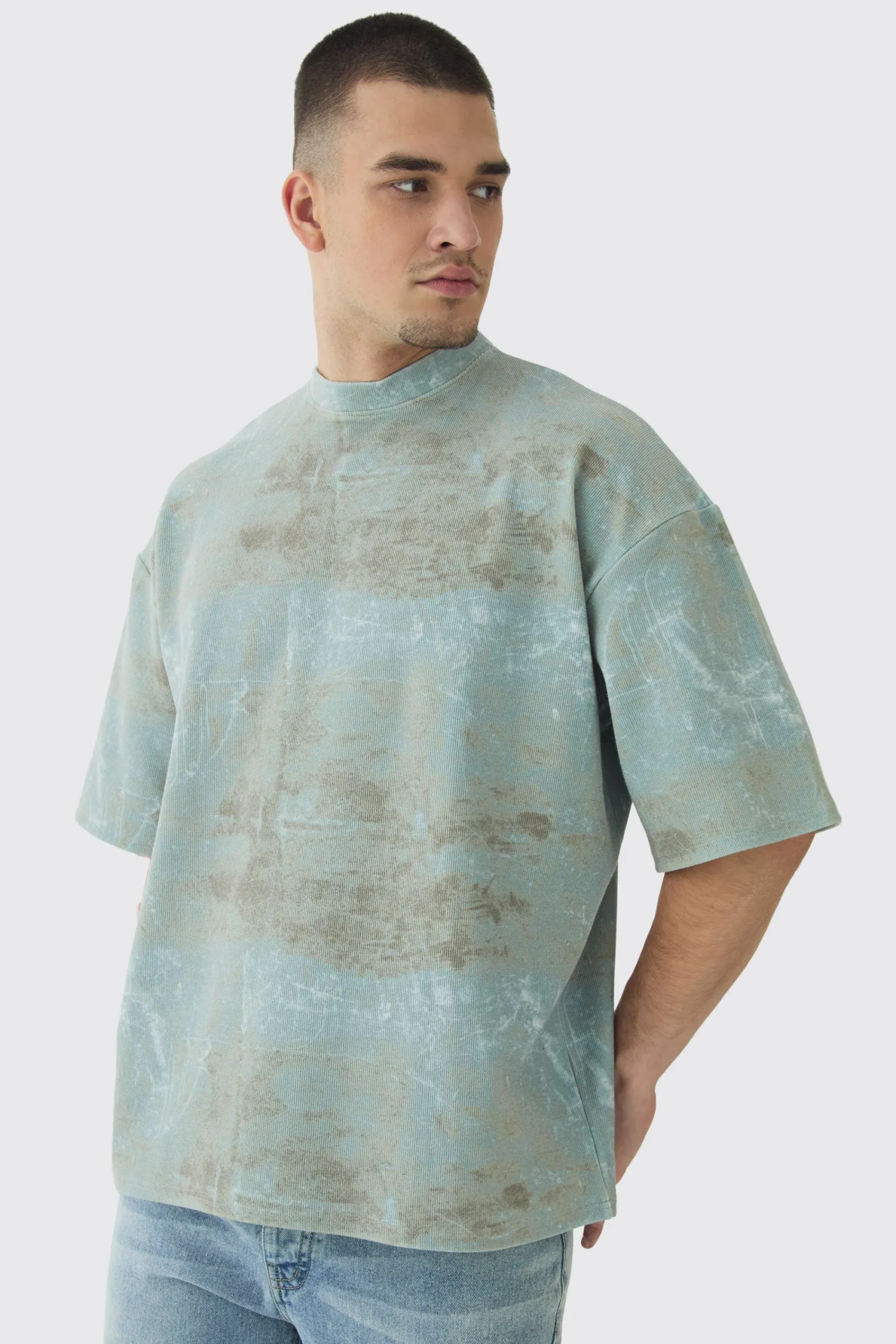 Tall Acid Wash Compact Rib Boxy Oversized T-Shirt | UK^boohooMAN Online