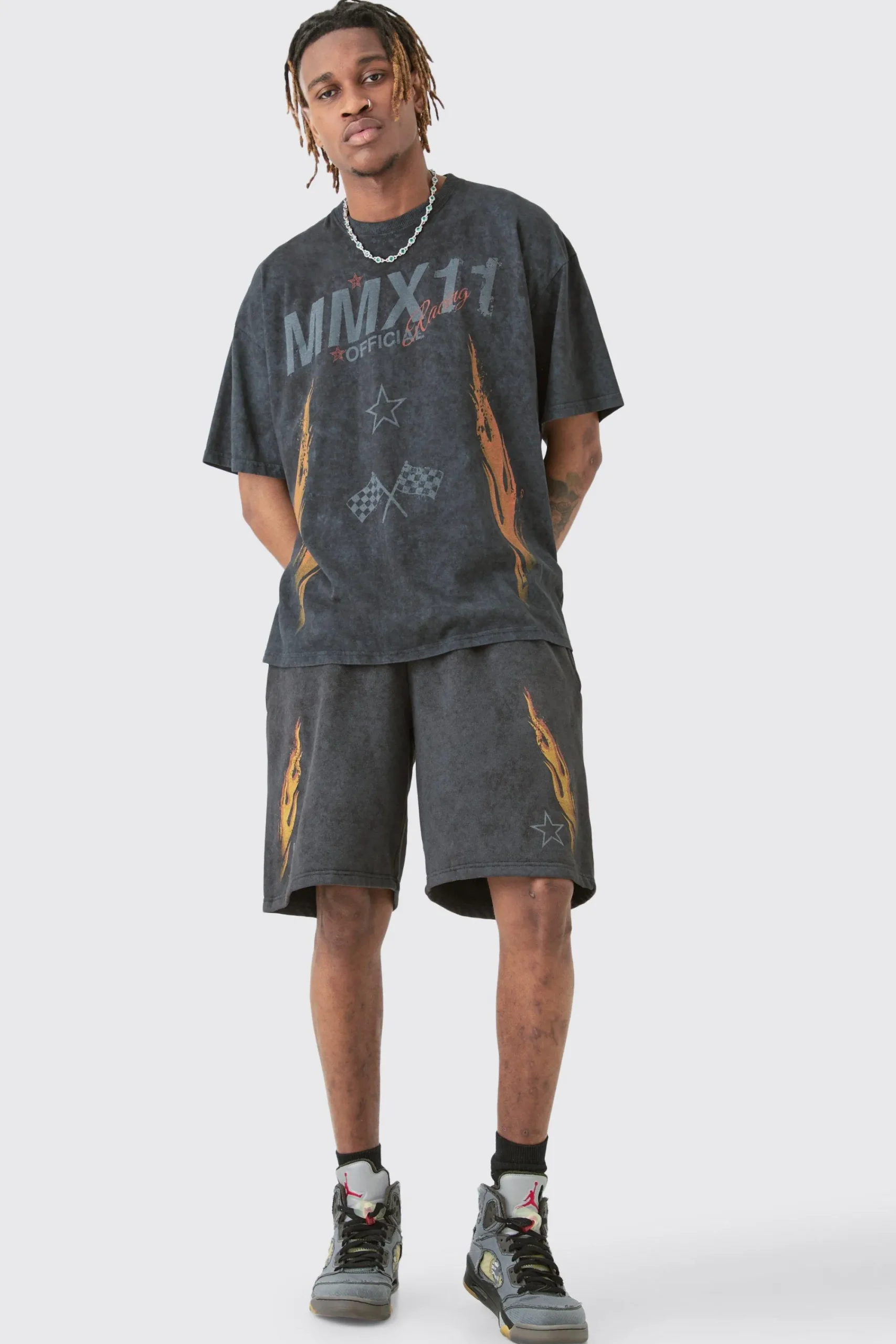 Tall Acid Wash Moto T-Shirt & Short Set | UK^boohooMAN Discount