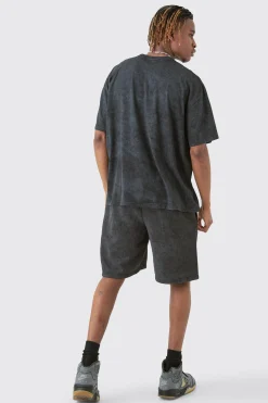 Tall Acid Wash Moto T-Shirt & Short Set | UK^boohooMAN Discount