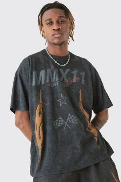 Tall Acid Wash Moto T-Shirt & Short Set | UK^boohooMAN Discount