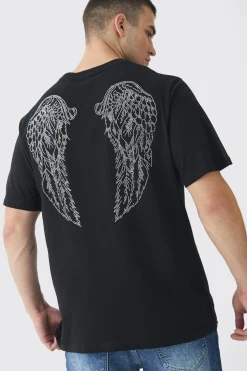 Tall Angel Wing Rhinestone Printed T-Shirt In | UK^boohooMAN