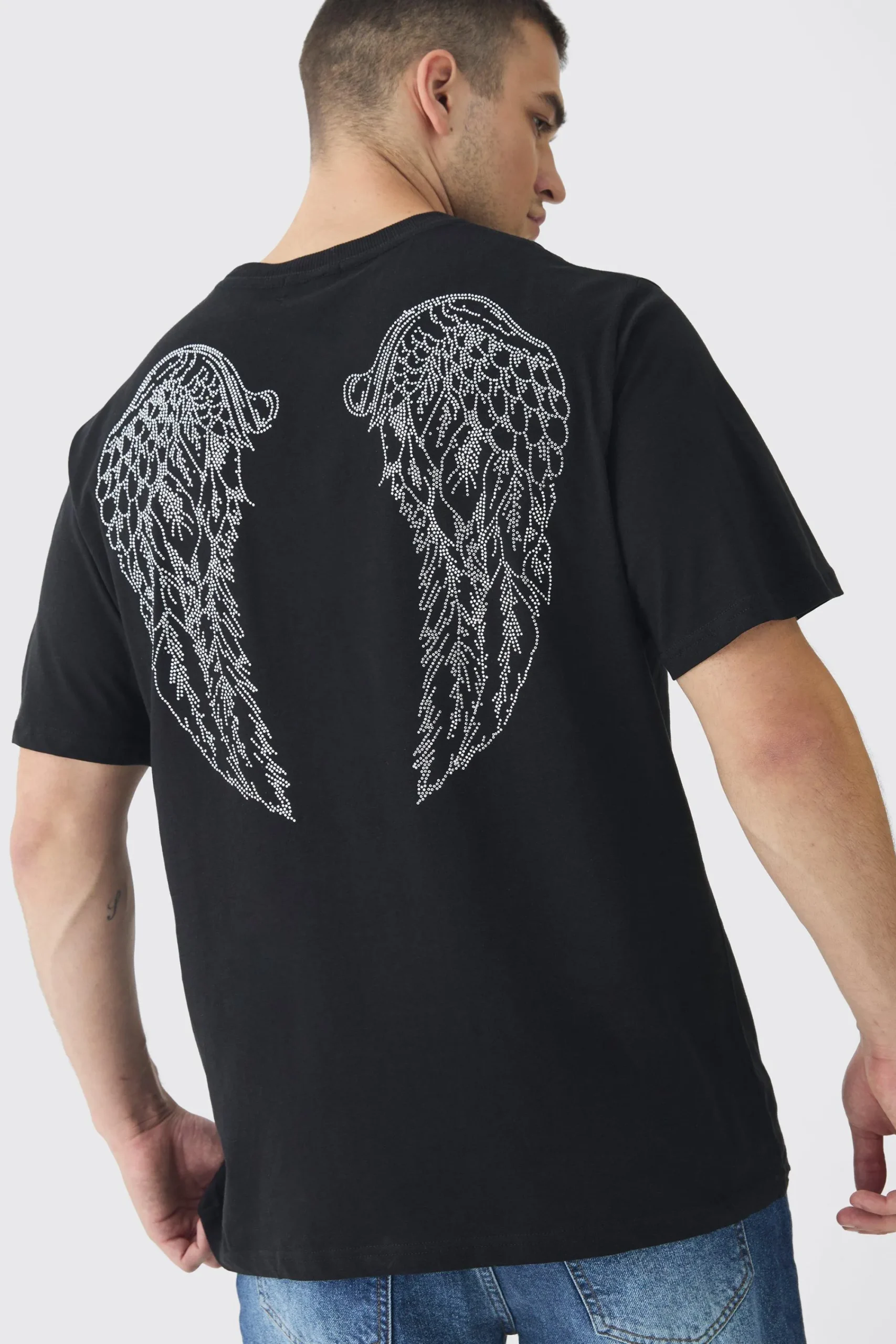 Tall Angel Wing Rhinestone Printed T-Shirt In | UK^boohooMAN