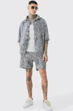 boohooMAN Tall Animal Printed Oversized Short Sleeve Pleated Shirt & Short Set | UK| Sets & Co-Ords