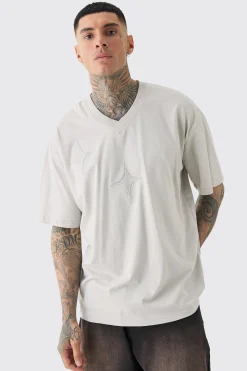 Tall Applique Distressed Loose V Neck T Shirt In | UK^boohooMAN Best
